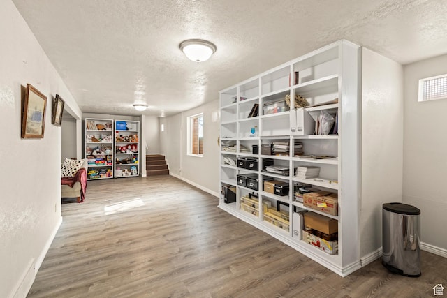 interior space featuring baseboards, a wealth of natural light, wood finished floors, and a textured ceiling