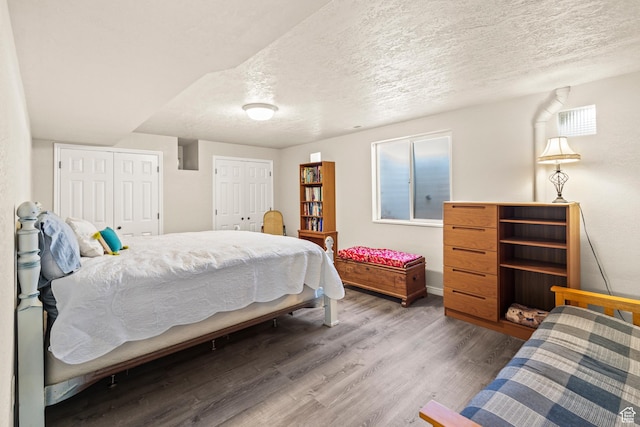 bedroom with baseboards, multiple windows, a textured ceiling, multiple closets, and wood finished floors
