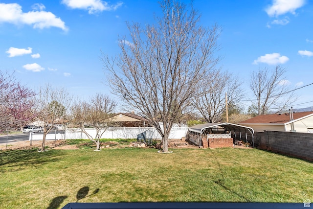 view of yard with a detached carport and a fenced backyard