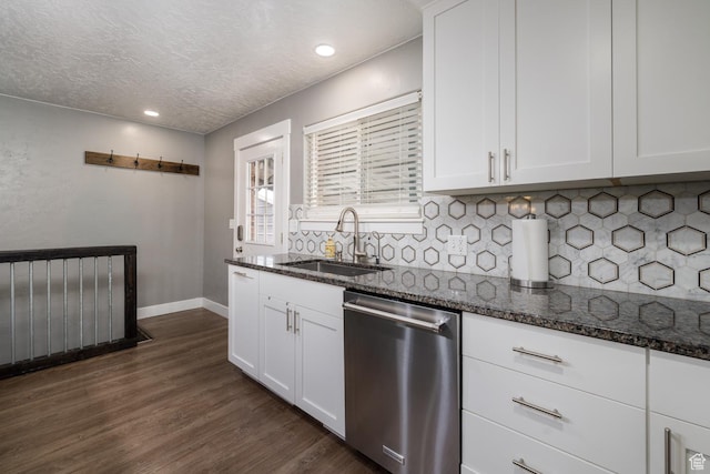1674 E 1700 S, Naples, UT 84078 - kitchen featuring stainless steel dishwasher, dark stone countertops, dark wood-style flooring, a sink, and baseboards