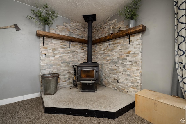 1674 E 1700 S, Naples, UT 84078 - details with a wood stove, carpet, baseboards, and a textured ceiling
