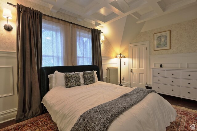 135 W 600 N, Salt Lake City, UT 84103 - bedroom with a wainscoted wall, beam ceiling, radiator, and coffered ceiling