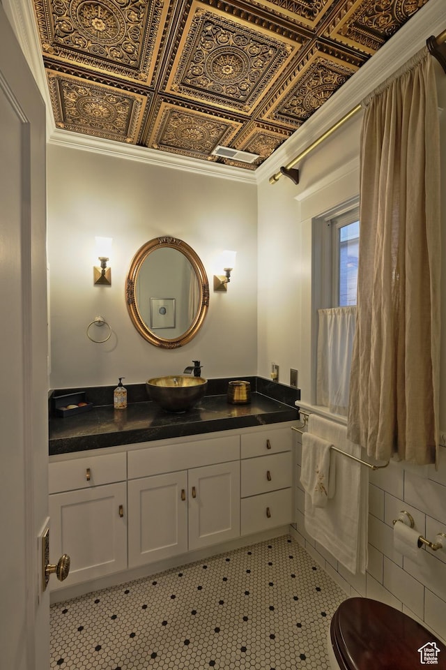 135 W 600 N, Salt Lake City, UT 84103 - bathroom with vanity, ornamental molding, and an ornate ceiling