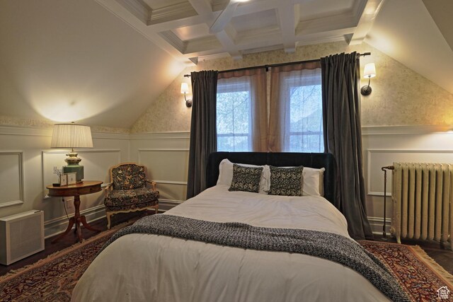 135 W 600 N, Salt Lake City, UT 84103 - bedroom with radiator, a decorative wall, wood finished floors, wainscoting, and coffered ceiling