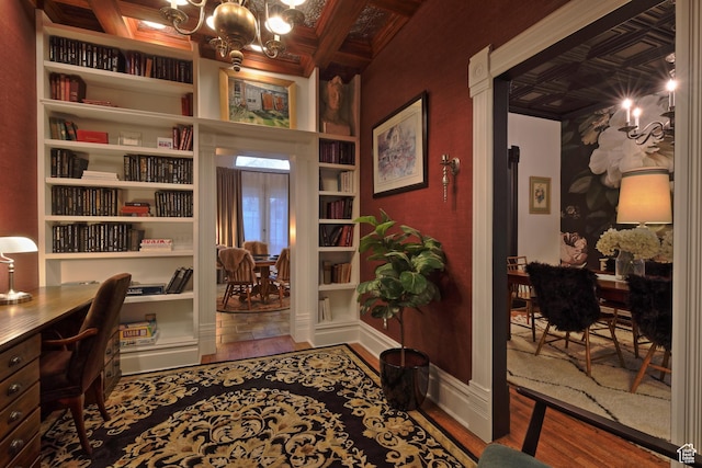 135 W 600 N, Salt Lake City, UT 84103 - office area featuring a chandelier, wood finished floors, baseboards, and built in shelves
