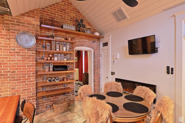 135 W 600 N, Salt Lake City, UT 84103 - dining area with brick wall, visible vents, wooden ceiling, and lofted ceiling