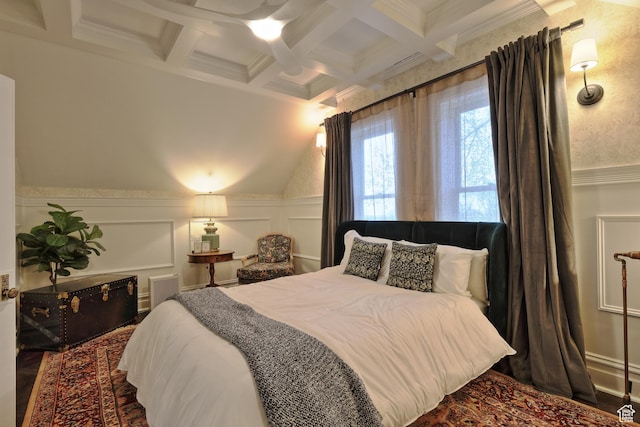 135 W 600 N, Salt Lake City, UT 84103 - bedroom featuring crown molding, a decorative wall, a wainscoted wall, coffered ceiling, and beam ceiling