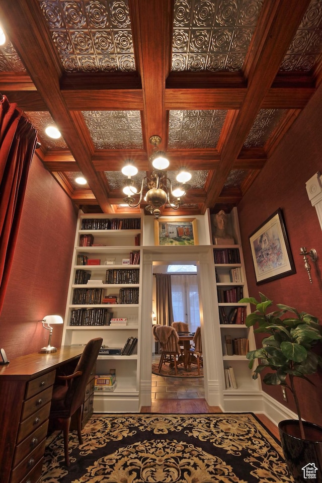 135 W 600 N, Salt Lake City, UT 84103 - home office featuring a chandelier, built in features, beamed ceiling, and coffered ceiling