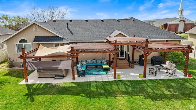 back of house with a pergola, a patio, an outdoor living space, and a lawn