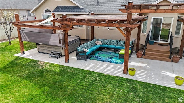 view of patio featuring an outdoor living space, a hot tub, and a pergola