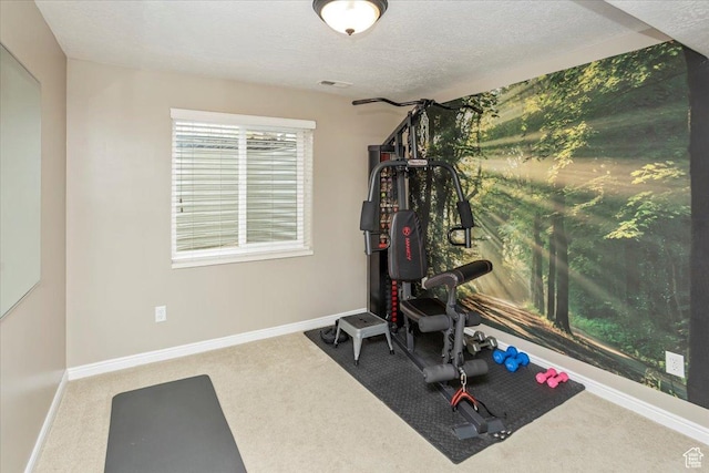 workout area featuring visible vents, baseboards, carpet flooring, and a textured ceiling