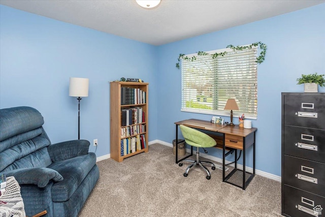 carpeted home office with baseboards