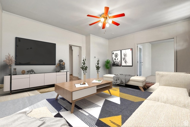 carpeted living area with ornamental molding and ceiling fan