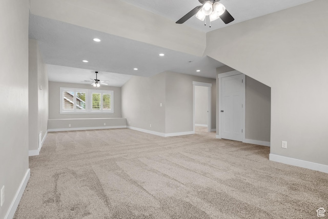 229 S 950 W, Springville, UT 84663 - unfurnished living room with ceiling fan, light colored carpet, recessed lighting, and lofted ceiling
