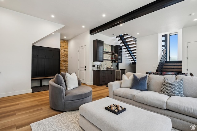 1526 W Orion Way, Heber City, UT 84032 - living room with stairway, recessed lighting, light wood finished floors, and wet bar