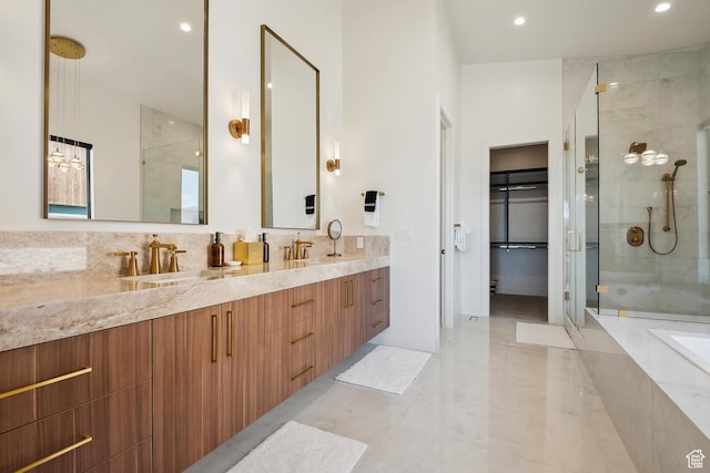 1526 W Orion Way, Heber City, UT 84032 - full bathroom with recessed lighting, a sink, a stall shower, double vanity, and a spacious closet