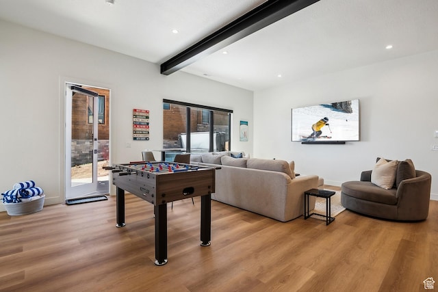 1526 W Orion Way, Heber City, UT 84032 - recreation room featuring baseboards, beam ceiling, a wealth of natural light, and light wood-style floors