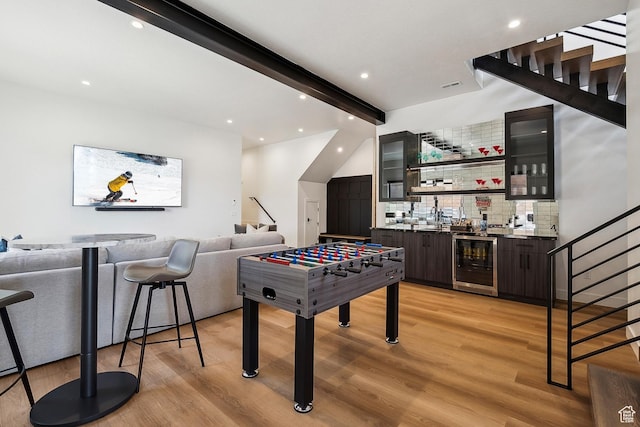 1526 W Orion Way, Heber City, UT 84032 - recreation room featuring beverage cooler, recessed lighting, light wood finished floors, wet bar, and beam ceiling