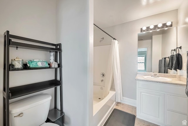 4911 W Calton Ln S, South Jordan, UT 84095 - bathroom featuring toilet, vanity, baseboards, and shower / bath combination with curtain