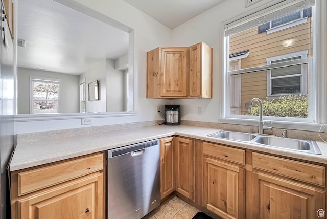 4911 W Calton Ln S, South Jordan, UT 84095 - kitchen with visible vents, light tile patterned flooring, light countertops, dishwasher, and a sink