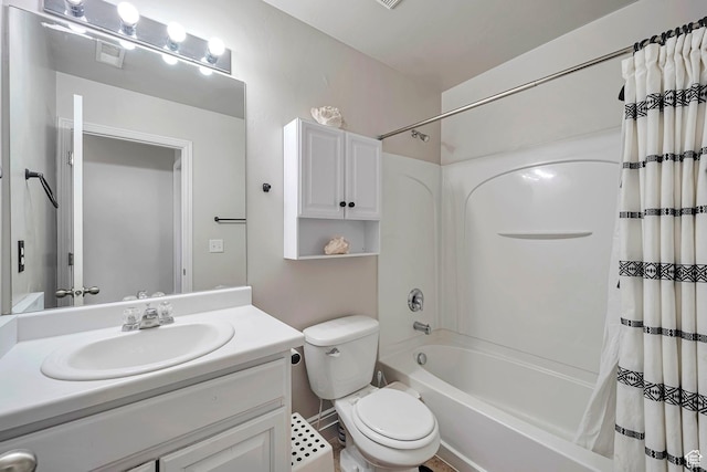 4911 W Calton Ln S, South Jordan, UT 84095 - full bathroom with visible vents, toilet, shower / bath combo with shower curtain, and vanity
