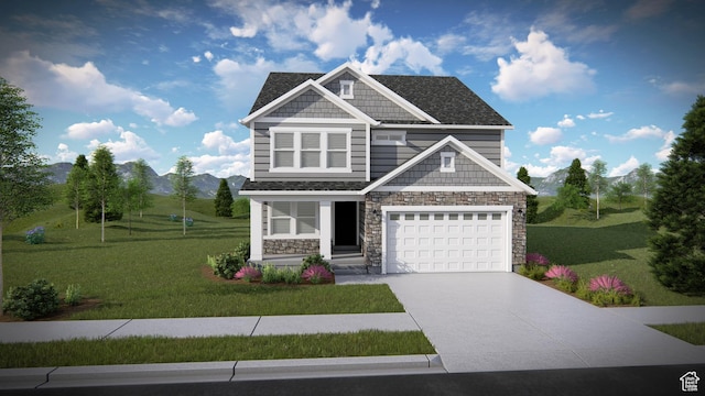 craftsman-style house featuring concrete driveway, a front yard, stone siding, and a mountain view