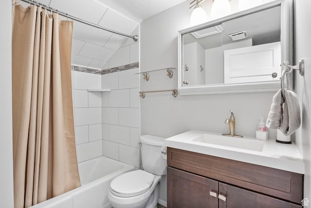 full bath featuring vanity, toilet, shower / bathtub combination with curtain, visible vents, and lofted ceiling