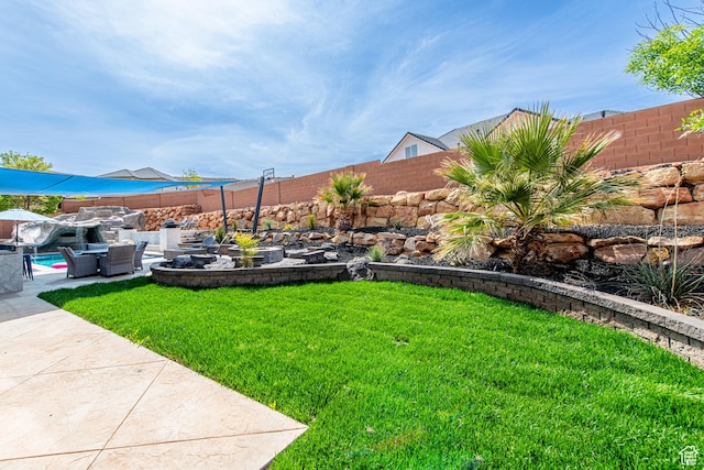 view of yard with a fenced backyard and a patio