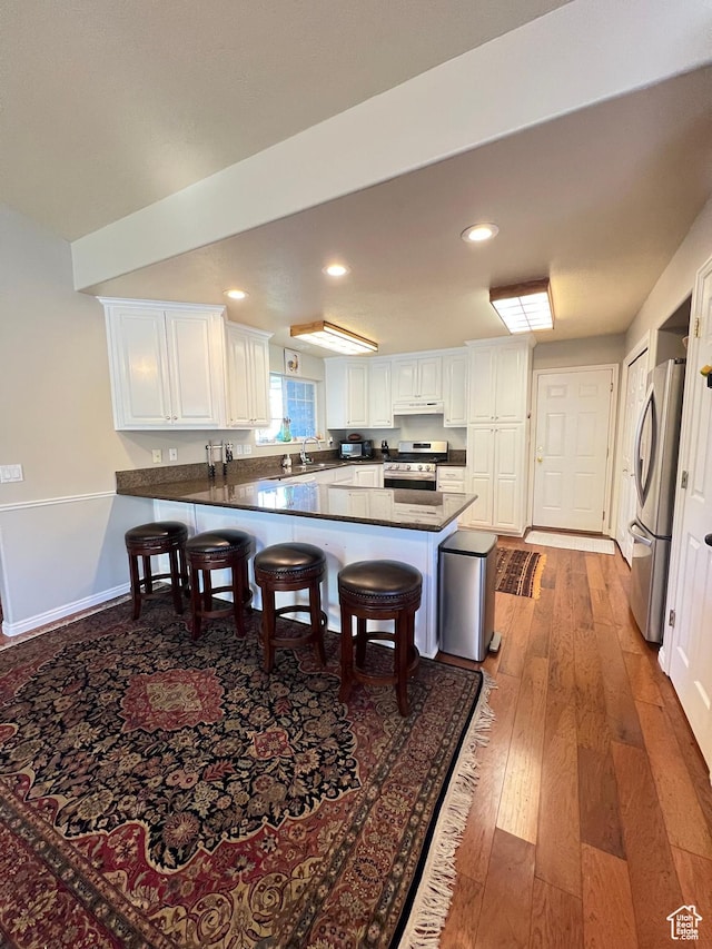 kitchen featuring a kitchen bar, under cabinet range hood, a peninsula, stainless steel appliances, and hardwood / wood-style floors