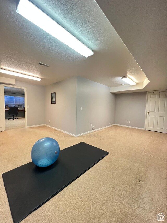 workout room with baseboards, carpet, and a textured ceiling