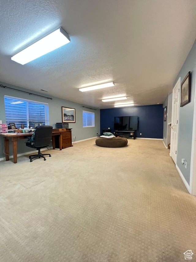 office area with carpet, a textured ceiling, and baseboards