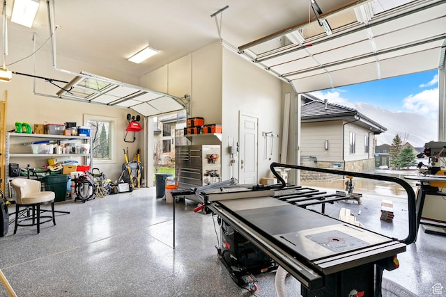 garage featuring a mountain view