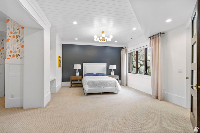 bedroom with recessed lighting, baseboards, ornamental molding, and carpet floors