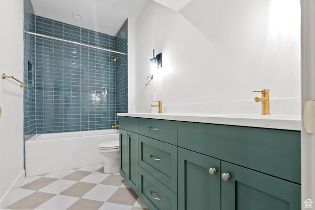 full bathroom with bathing tub / shower combination, a sink, double vanity, and toilet