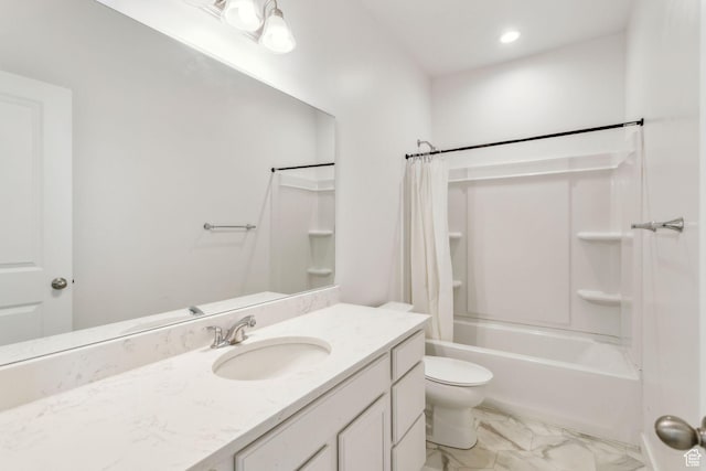full bathroom featuring shower / bath combination with curtain, vanity, recessed lighting, toilet, and marble finish floor