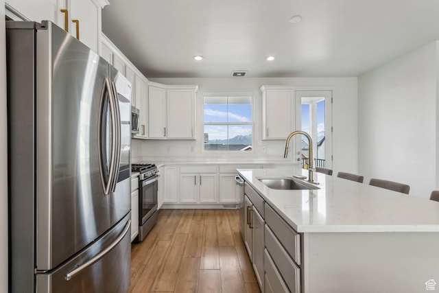 kitchen featuring a sink, light wood-type flooring, a kitchen island with sink, recessed lighting, and stainless steel appliances