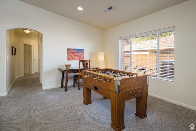 327 W Williams Way, Moab, UT 84532 - game room featuring visible vents, arched walkways, baseboards, carpet floors, and recessed lighting