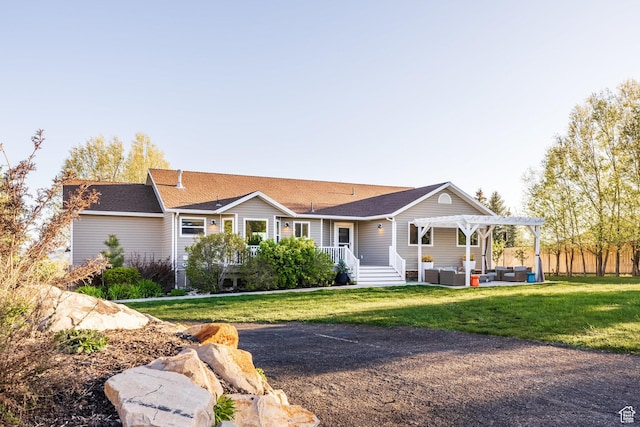 528 W Weber Canyon Rd, Oakley, UT 84055 - single story home featuring outdoor lounge area, a pergola, a patio area, and a shingled roof