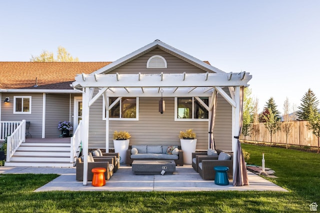 528 W Weber Canyon Rd, Oakley, UT 84055 - rear view of house with outdoor lounge area, a pergola, a wooden deck, and a patio area