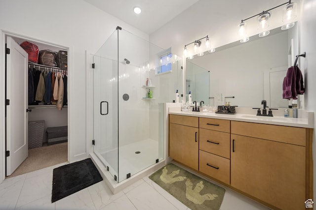 6149 W Moon Valley Dr S, South Jordan, UT 84009 - full bath featuring a walk in closet, double vanity, marble finish floor, and a stall shower