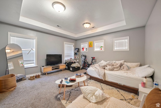 carpeted bedroom with visible vents, multiple windows, and a tray ceiling