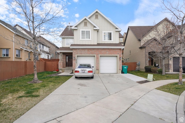 view of front facade with brick siding, a garage, board and batten siding, and concrete driveway