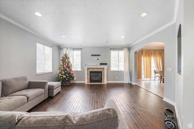 living area featuring dark wood-type flooring, arched walkways, a healthy amount of sunlight, and crown molding