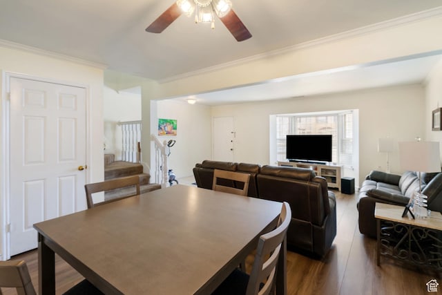 430 N 470 W Unit 14, Lehi, UT 84043 - dining space featuring ornamental molding, dark wood finished floors, stairway, and a ceiling fan