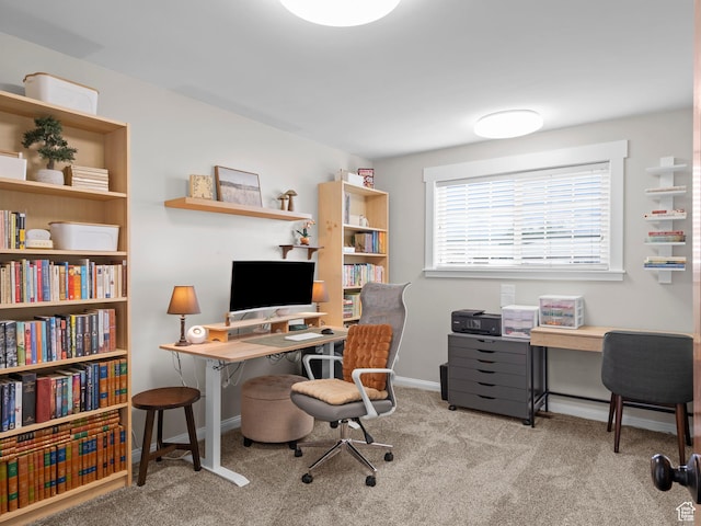 carpeted home office featuring baseboards