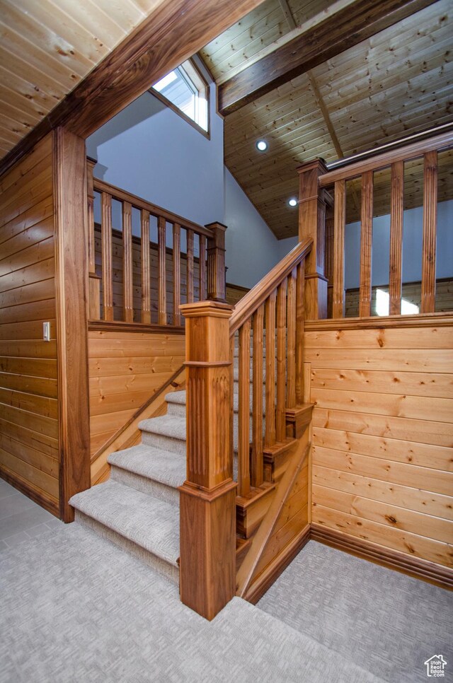 3804 E 2050 N, Eden, UT 84310 - stairway featuring wood ceiling, wooden walls, carpet floors, recessed lighting, and lofted ceiling