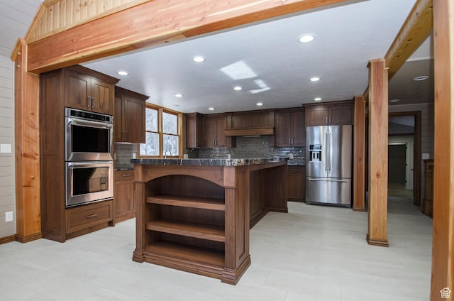 3804 E 2050 N, Eden, UT 84310 - kitchen with open shelves, decorative backsplash, dark countertops, and stainless steel appliances