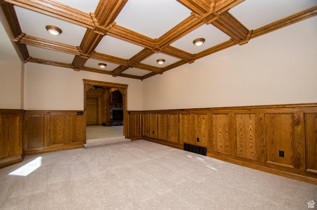 3804 E 2050 N, Eden, UT 84310 - empty room featuring visible vents, coffered ceiling, beam ceiling, a wainscoted wall, and light colored carpet