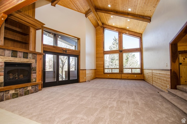 3804 E 2050 N, Eden, UT 84310 - unfurnished living room with wood ceiling, high vaulted ceiling, carpet, and recessed lighting