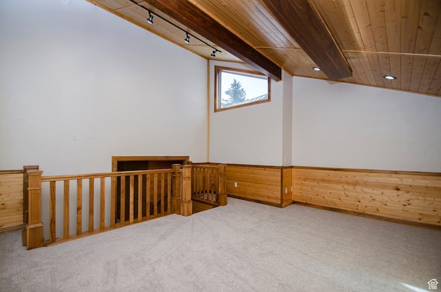 3804 E 2050 N, Eden, UT 84310 - carpeted spare room featuring track lighting, recessed lighting, wooden ceiling, wood walls, and lofted ceiling